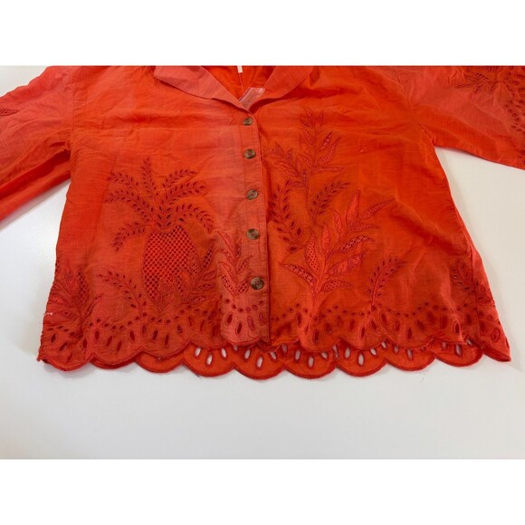 Anthropologie Blouse Top Women Small Orange Pineapple Eyelet Button Up Oversized - Picture 4 of 9